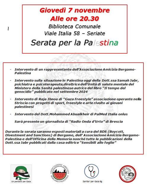 “SERATA PER LA PALESTINA” GIOVEDI 7 NOVEMBRE ALLA BIBLIOTECA COMUNALE DI SERIATE